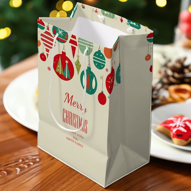 Bolsa De Regalo Mediana Feliz Navidad retro mitad de siglo baudias simple (Merry Christmas modern retro midcentury baubles simple beige Medium Gift Bag)