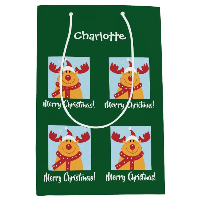 Bolsa De Regalo Mediana Feliz Navidad Rudolph Reindeer nombre personalizad (Anverso)