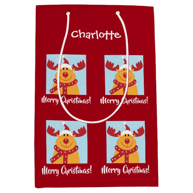 Bolsa De Regalo Mediana Feliz Navidad Rudolph Reindeer nombre personalizad (Anverso)