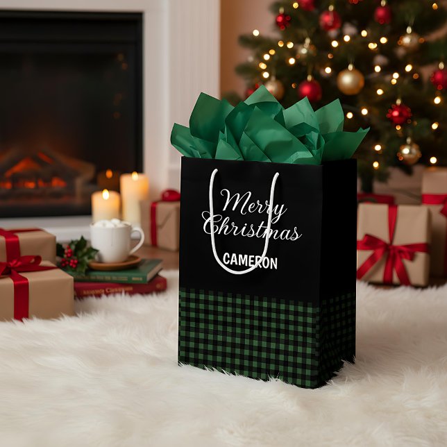 Bolsa De Regalo Mediana Feliz Navidad Rustic Green & Black Buffalo Plaid (Subido por el creador)