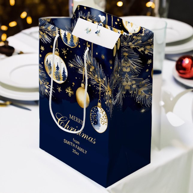 Bolsa De Regalo Mediana Feliz Navidad saludos oro azul marino baubles (Merry Christmas greetings gold navy blue baubles Medium Gift Bag)