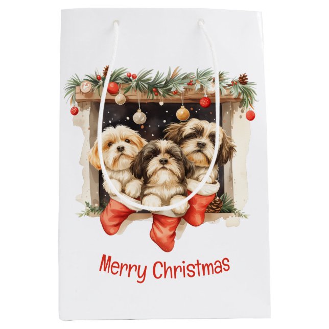 Bolsa De Regalo Mediana Feliz Navidad Shih Tzu Dogs (Anverso)