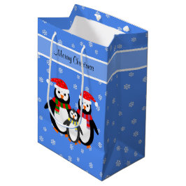 Bolsa De Regalo Mediana Feliz Navidad texto editable pingüino familia azul