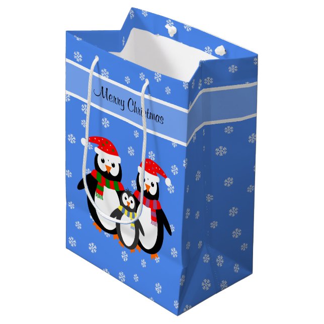 Bolsa De Regalo Mediana Feliz Navidad texto editable pingüino familia azul (Angulo Anverso)