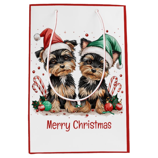 Bolsa De Regalo Mediana Feliz Navidad Yorkshire Terrier Dogs (Anverso)