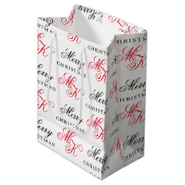 Bolsa De Regalo Mediana Feliz Personalizado de Navidad Monograma Iniciales