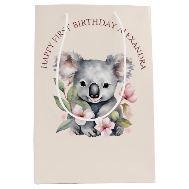 Bolsa De Regalo Mediana Feliz primer cumpleaños a la acuarela Koala (Anverso)