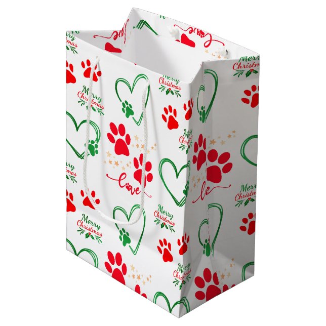 Bolsa De Regalo Mediana Festive DOG PAW PRINTS and LOVE HEARTS Christmas (Angulo Anverso)
