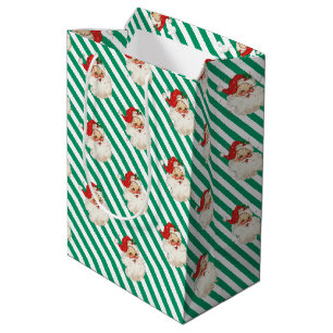 Bolsa De Regalo Mediana Festividad Stripe Green Retro Santa Navidades