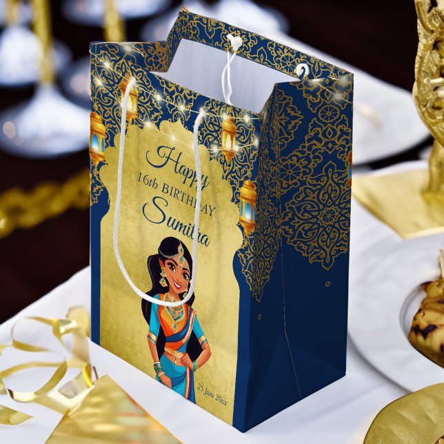Bolsa De Regalo Mediana Festividades de cumpleaños de chicas de estilo ind (Indian style girls birthday party thank you favor gift bag personalized printed gift bag blue gold)