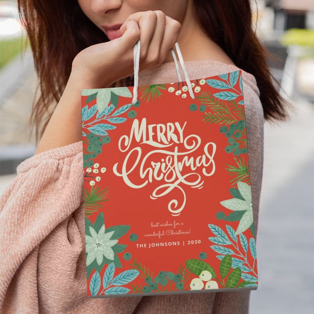 Bolsa De Regalo Mediana Festividades de los Navidades rojos florales en na (Christmas Floral Red Christmas Holiday Medium Gift Bag)