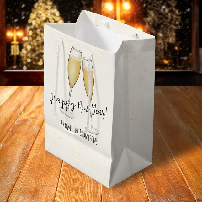 Bolsa De Regalo Mediana Fiesta de Año Nuevo Whimsical Cute Divertido Champ (Happy New Year champagne gift bag. )