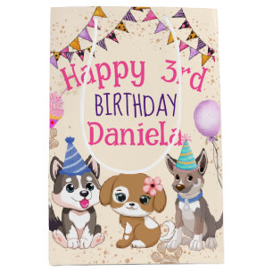 Bolsa De Regalo Mediana Fiesta de cumpleaños de cachorros adorables