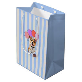 Bolsa De Regalo Mediana Fiesta de Cumpleaños de Corgi con Rayas Azules y B