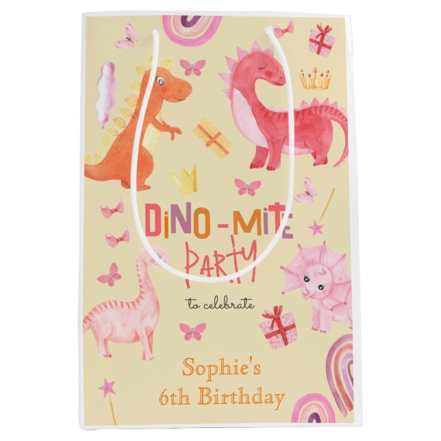 Bolsa De Regalo Mediana Fiesta de cumpleaños de dino rosa Dino-mite (Anverso)