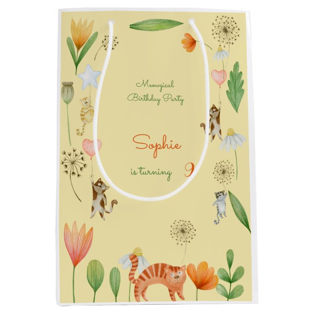 Bolsa De Regalo Mediana fiesta de cumpleaños de flores y gatos meowgicos (Anverso)