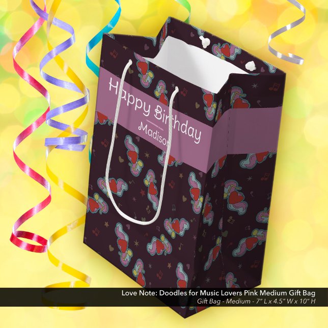 Bolsa De Regalo Mediana Fiesta de cumpleaños de Music Lover Doodles (Love Note: Doodles for Music Lovers Medium Gift Bag with Pink Accent Color and Customizable Name )