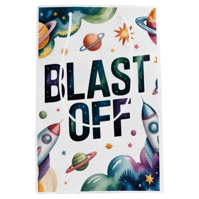 Bolsa De Regalo Mediana Fiesta de cumpleaños del astronauta Blast Off Spac (Anverso)