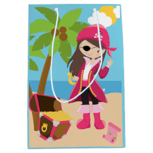 Bolsa De Regalo Mediana Fiesta de cumpleaños del Chica Pirata Rosa