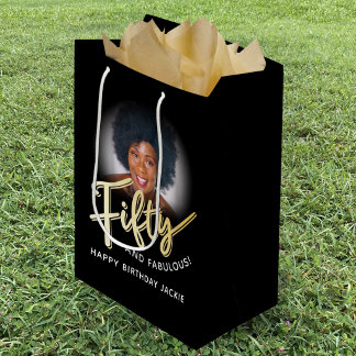 Bolsa De Regalo Mediana Fifty gold script and custom photo 50th birthday