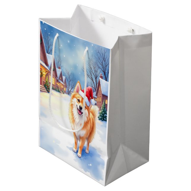 Bolsa De Regalo Mediana Finnish Lapphund Snowy Village Santa Hat Christmas (Angulo Anverso)
