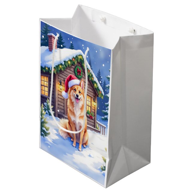 Bolsa De Regalo Mediana Finnish Spitz Snowy Cabin Santa Hat Christmas Art (Angulo Anverso)