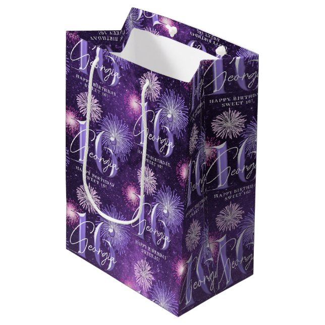 Bolsa De Regalo Mediana Fireworks Sweet 16 Purple ID984 (Angulo Anverso)