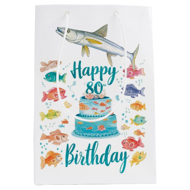 Bolsa De Regalo Mediana Fishing Lover 80th Birthday Watercolor  (Anverso)
