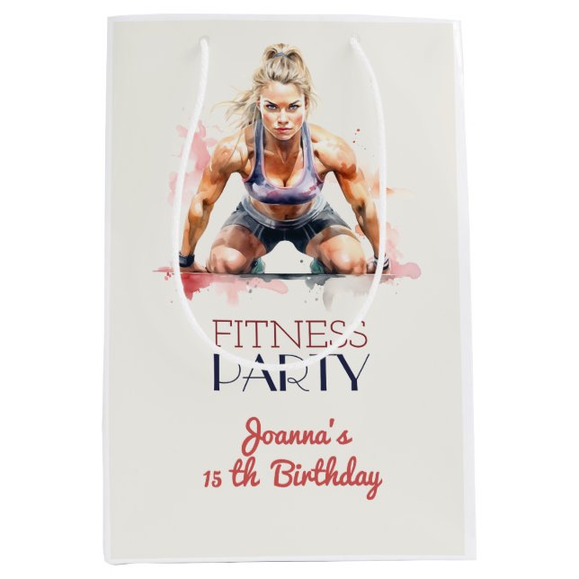Bolsa De Regalo Mediana Fitness acuarela deporte chica fiesta de cumpleaño (Anverso)