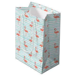 BOLSA DE REGALO MEDIANA FLAMENCOS ROSAS Y RAYAS VERDES