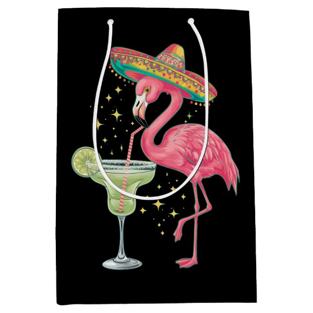 Bolsa De Regalo Mediana Flamingo Beber Margarita Gracioso Poncho Mexicano (Anverso)