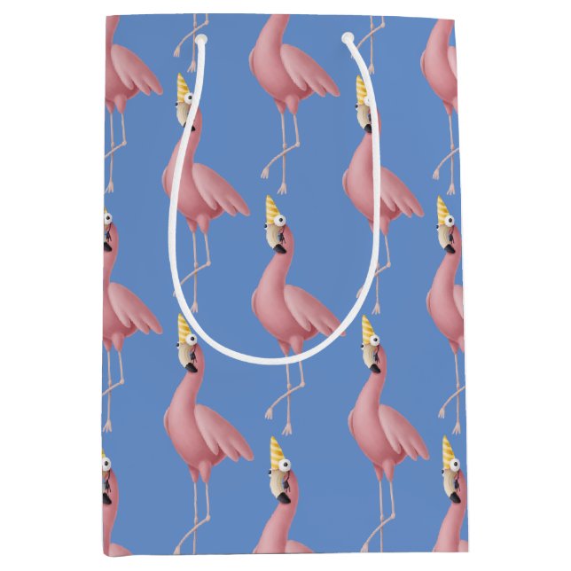 Bolsa De Regalo Mediana Flamingo rosa en cumpleaños azul (Anverso)