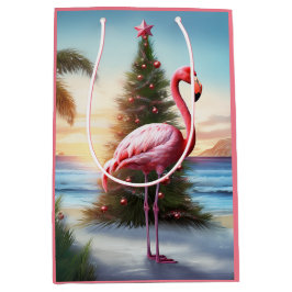 Bolsa De Regalo Mediana Flamingo rosa y playa tropical de árboles de Navid