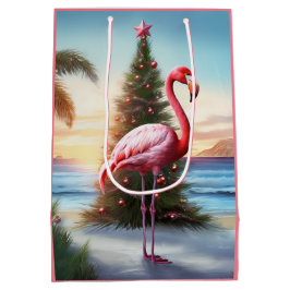 Bolsa De Regalo Mediana Flamingo rosa y playa tropical de árboles de Navid