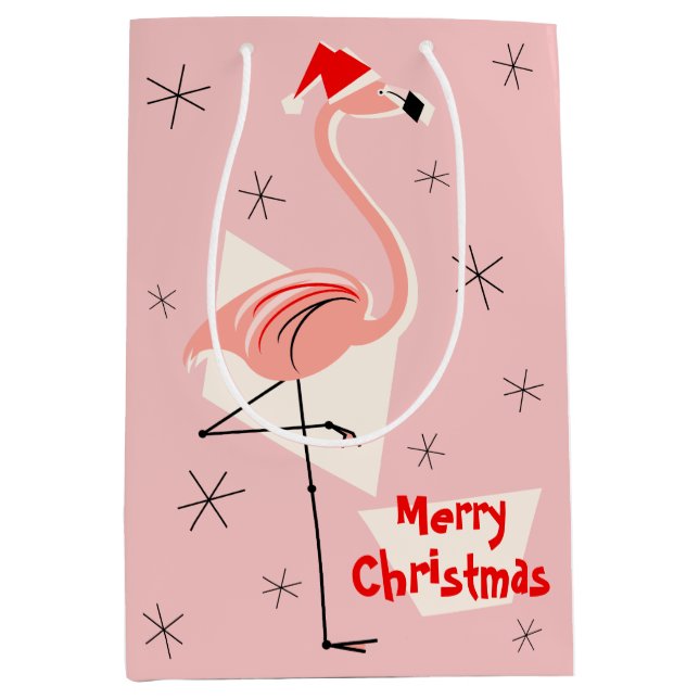 Bolsa De Regalo Mediana Flamingo Santa Pink Merry Navidad (Anverso)