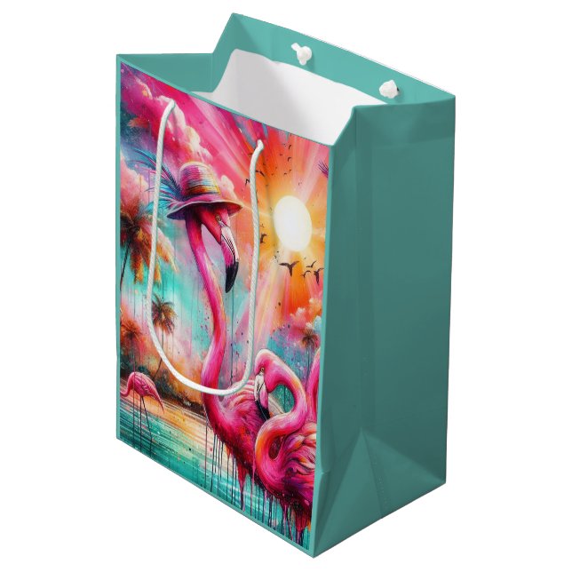 Bolsa De Regalo Mediana Flamingos rosados tropicales Palmeras Agua Verde a (Angulo Anverso)