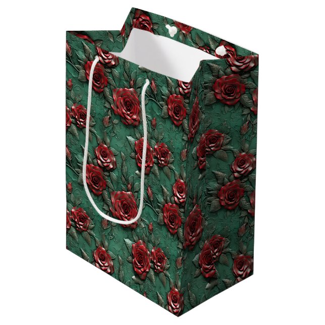 Bolsa De Regalo Mediana Flor de rosas rojas verdes (Angulo Anverso)