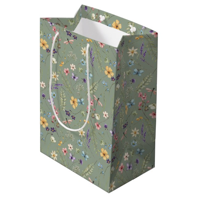 Bolsa De Regalo Mediana Flor silvestre verde sabio y mariposa (Angulo reverso)