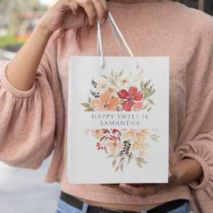 Bolsa De Regalo Mediana Flora rosa bonito   Cumpleaños personalizado