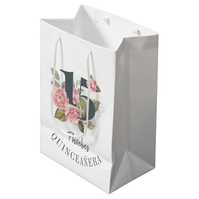 Bolsa De Regalo Mediana Floral 15 cumpleaños Quinceanera Rústica (Angulo Anverso)