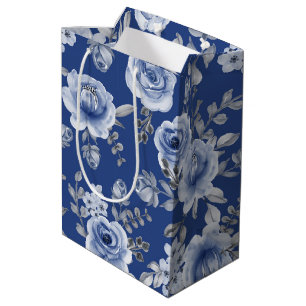 Bolsa De Regalo Mediana Floral azul marino y elegante acuarela moderna