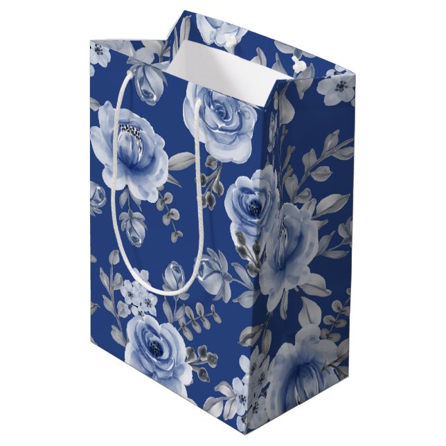 Bolsa De Regalo Mediana Floral azul marino y elegante acuarela moderna (Angulo reverso)