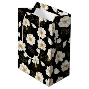 Bolsa De Regalo Mediana Floral blanco y dorado sobre negro