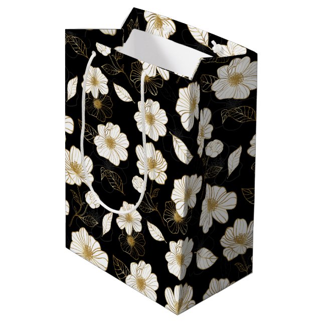 Bolsa De Regalo Mediana Floral blanco y dorado sobre negro (Angulo reverso)