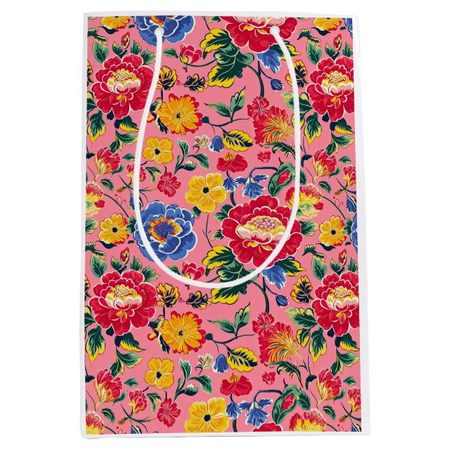 Bolsa De Regalo Mediana Floral Chinoiserie rosa brillante (Anverso)