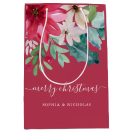 Bolsa De Regalo Mediana Floral de feriado vibrante | Red acuarela de Navid