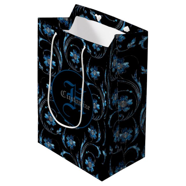 Bolsa De Regalo Mediana Floral de verano azul monogramada 2 (Angulo Anverso)