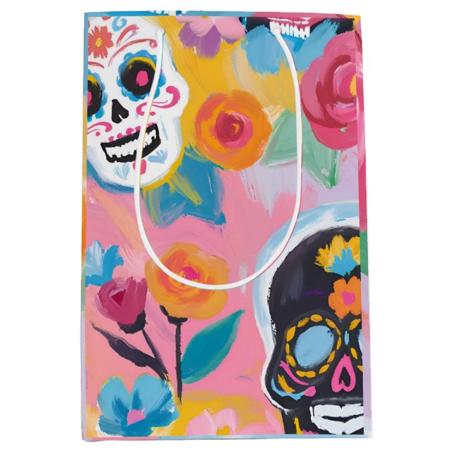 Bolsa De Regalo Mediana Floral Dia de Muertos rosa y negra (Anverso)
