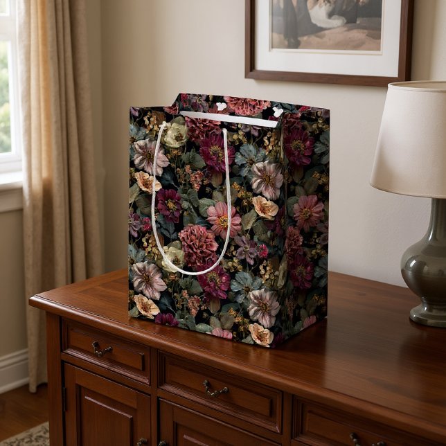 Bolsa De Regalo Mediana Floral gris rosa y verde oscuro caprichoso (Subido por el creador)