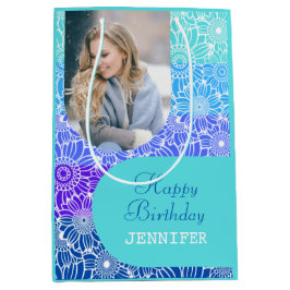 Bolsa De Regalo Mediana Floral Rainbow Blue Stripes Arch Foto Cumpleaños